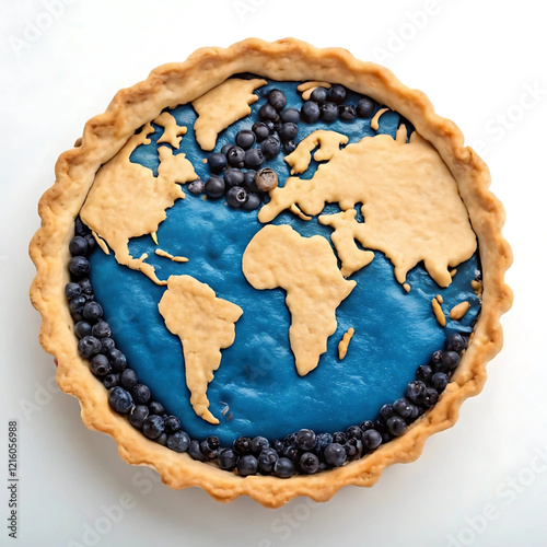 A whimsical pie shaped like a globe, with continents made of golden-brown crust and oceans filled with vibrant blue berry filling, detailed and intricate design on a white background photo