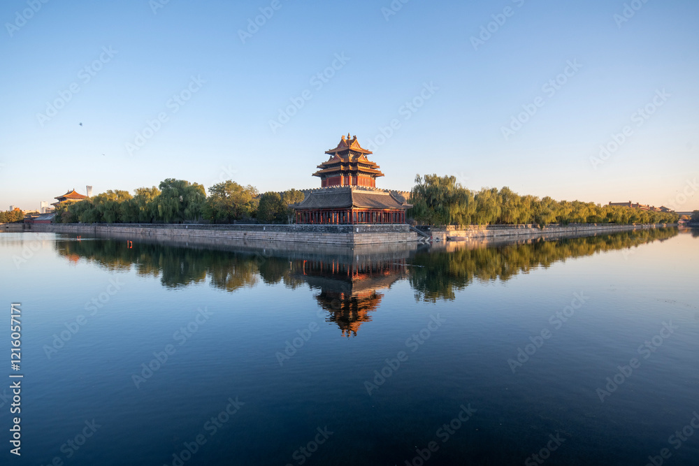 Beautiful water reflection of Forbidden City Corner Tower or Jiaolou in Beijing Beautiful water reflection of Forbidden City Corner Tower or Jiaolou in Beijing