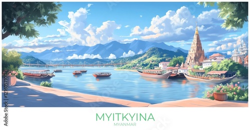 Myitkyina Myanmar Travel Poster Flat Illustration Print Decor Gift Canvas Wall Art photo