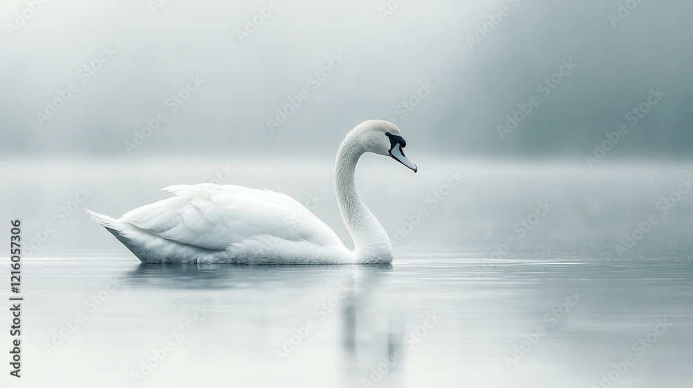 Elegant swan gliding across a tranquil water surface during a misty morning Elegant swan gliding across a tranquil water surface during a misty morning