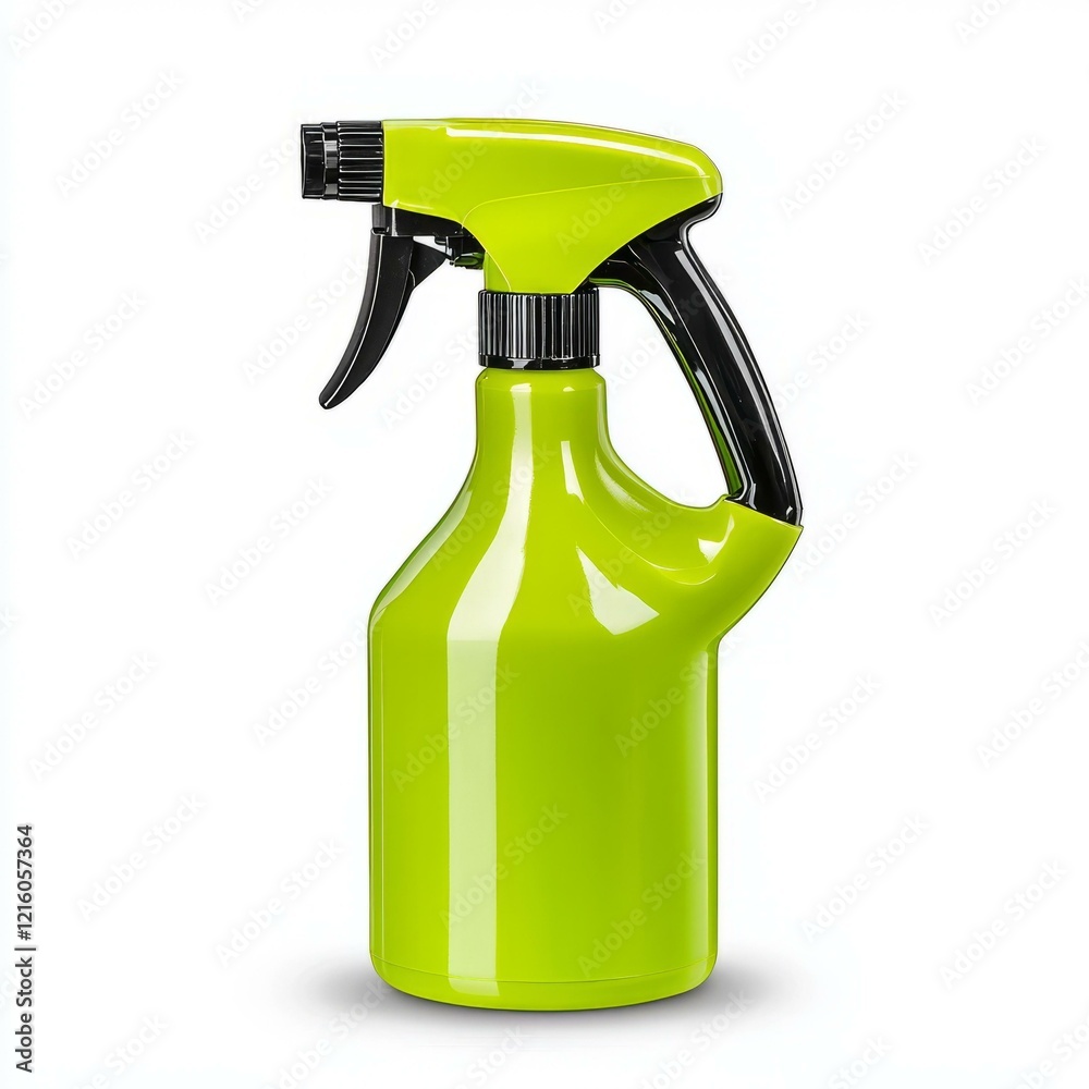 Green spray bottle with black handle for cleaning and gardening use on white background Green spray bottle with black handle for cleaning and gardening use on white background