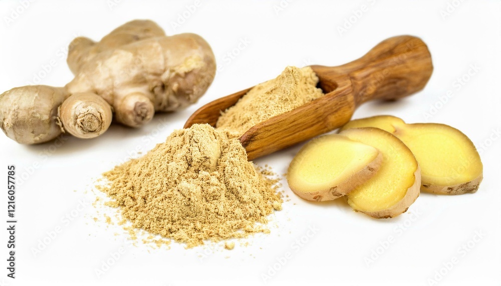 Fresh ginger root and its powder. A healthy spice. Fresh ginger root and its powder. A healthy spice.