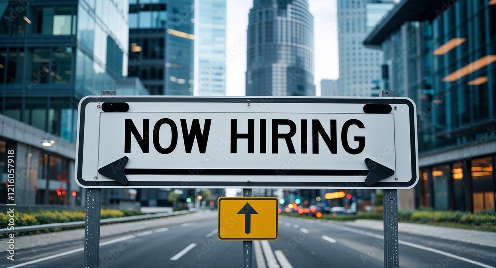 now hiring text on road sign in middle of modern business city background now hiring text on road sign in middle of modern business city background