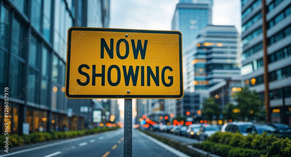 Now Showing text on road sign in middle of modern business city background Now Showing text on road sign in middle of modern business city background
