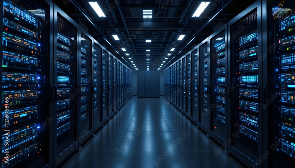 Cutting-Edge Data Center Server Room with Neon Network Communication and Advanced Telecommunication Equipment Cutting-Edge Data Center Server Room with Neon Network Communication and Advanced Telecommunication Equipment