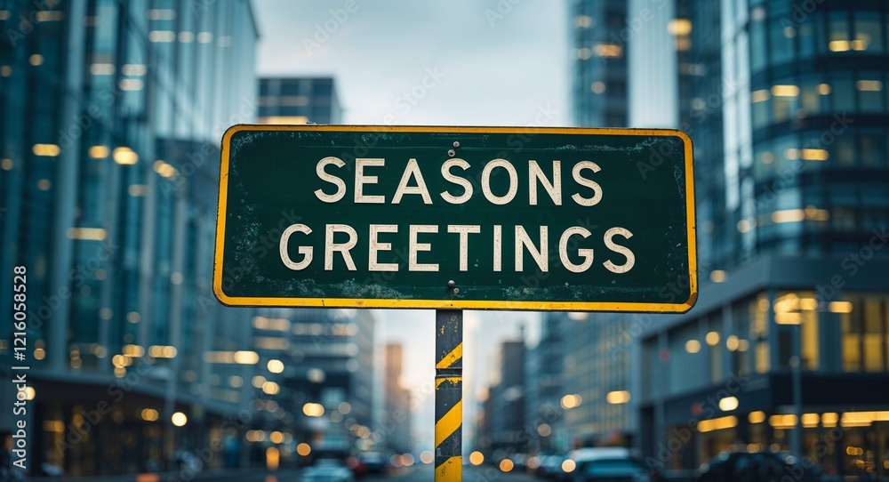 seasons greetings text on road sign in middle of modern business city background seasons greetings text on road sign in middle of modern business city background