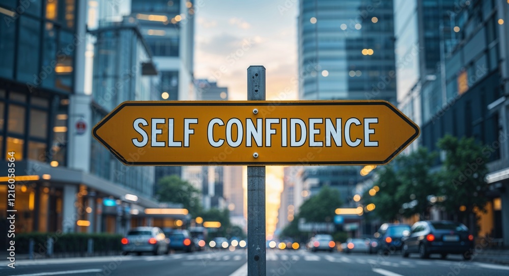 Obraz premium self confidence text on road sign in middle of modern business city background