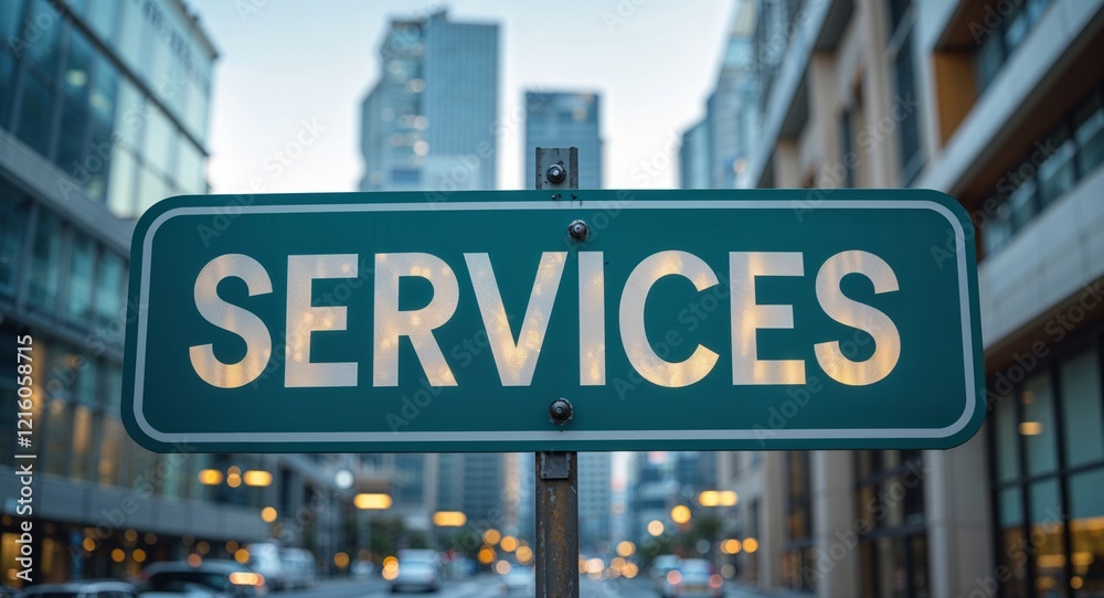 Services text on road sign in middle of modern business city background Services text on road sign in middle of modern business city background