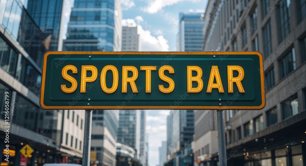 sports bar text on road sign in middle of modern business city background sports bar text on road sign in middle of modern business city background