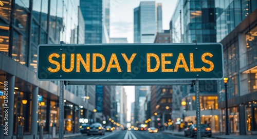 Sunday deals text on road sign in middle of modern business city background