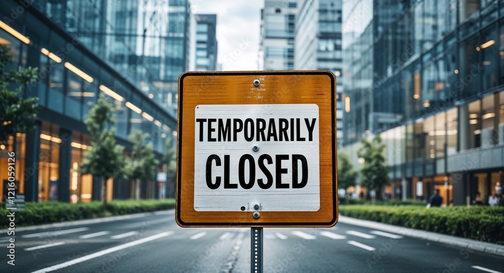 Obraz premium temporarily closed text on road sign in middle of modern business city background