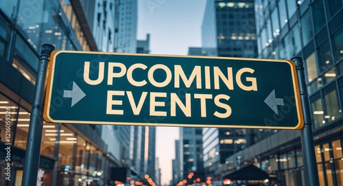 Wallpaper Mural upcoming events text on road sign in middle of modern business city background Torontodigital.ca