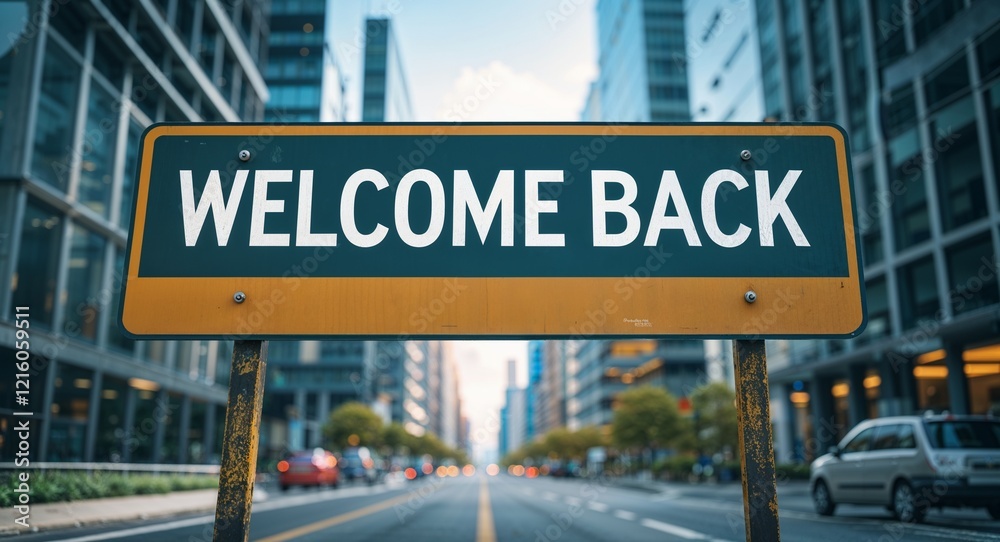 welcome back text on road sign in middle of modern business city background welcome back text on road sign in middle of modern business city background