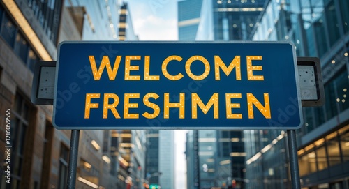 Wallpaper Mural welcome freshmen text on road sign in middle of modern business city background Torontodigital.ca
