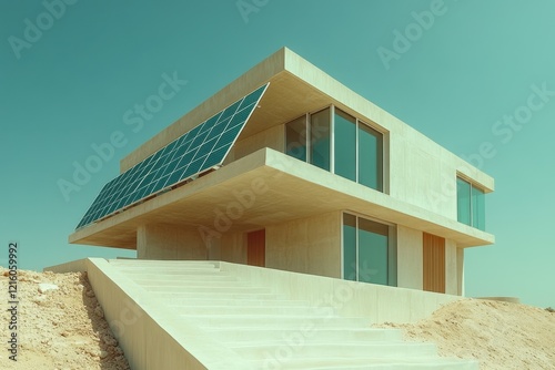 Low-angle view showcasing solar panels efficiently harnessing sunlight on a modern house, set against a vibrant blue sky This image embodies the immense potential of renewable energy for sustainable photo