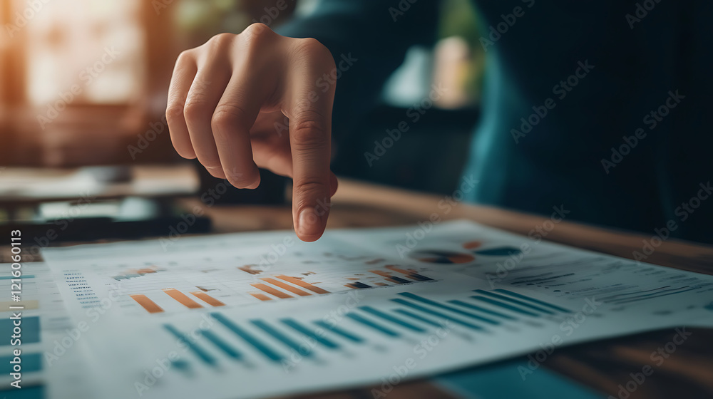 Hand analyzing financial data on a table with charts and graphs Hand analyzing financial data on a table with charts and graphs