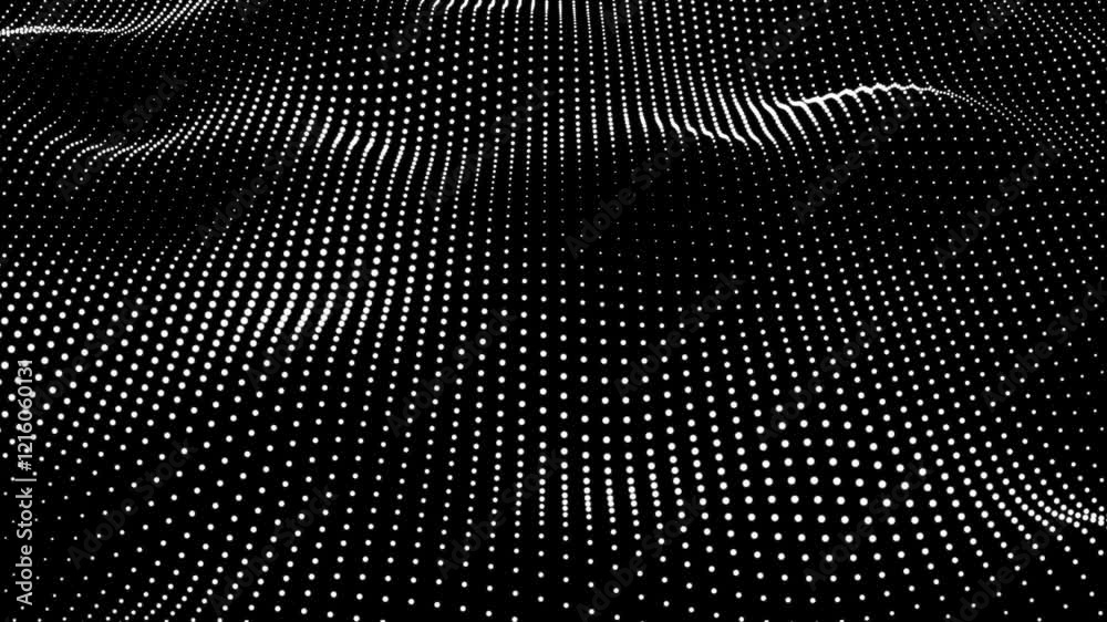 Abstract black background wave white dot particles form. Technology futuristic digital flow seamless looping