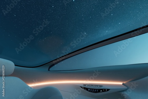 futuristic car interior with ambient lighting touch controls and panoramic sunroof showing night sky