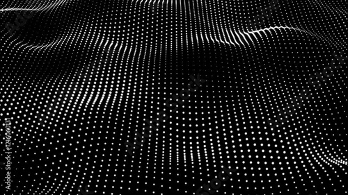 Abstract black background wave white dot particles form. Technology futuristic digital flow seamless looping
