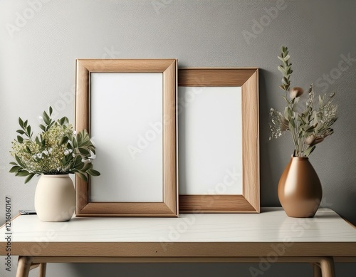 Two frames placed on a white table, each displaying a blank canvas, with soft natural light illuminating them in a studio setup.
