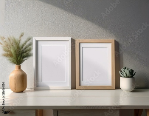 Mockup of two empty frames on a white table, with ample space for custom artwork or photography.