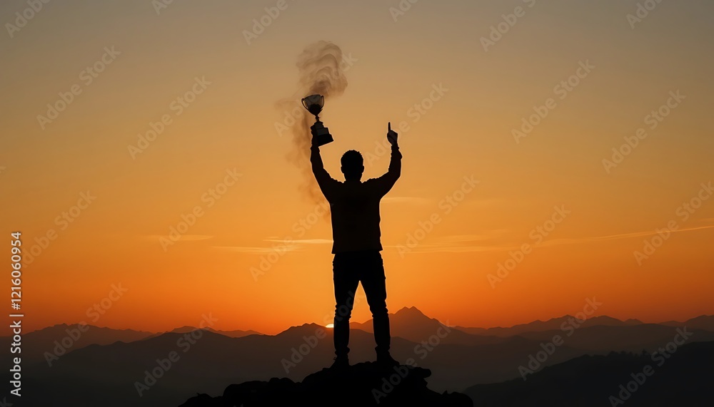 Silhouette of a triumphant man holding a trophy at sunset, celebrating victory on a mountain peak with a stunning view. Silhouette of a triumphant man holding a trophy at sunset, celebrating victory on a mountain peak with a stunning view.