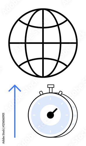 Globe grid above stopwatch with upward arrow, suggesting global speed, efficiency, progress. Ideal for technology, networking, innovation, time management, productivity growth abstract line flat