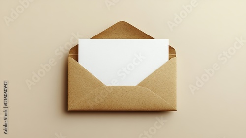 A blank white greeting card sits inside a golden-colored open envelope on an isolated pastel beige background