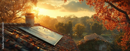 Sustainable Home Energy Angled Solar Panels on a House Roof Maximizing Sunlight for Efficient Energy Generation, Reducing Carbon Footprint, and Promoting Eco-Friendly Architecture Design Autumnal photo