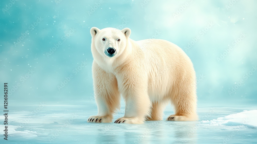 Fototapeta premium A close-up of a polar bear face, showcasing its thick white fur and piercing eyes, framed by soft blue and white tones.