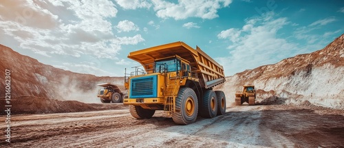 Large Yellow Mining Trucks Operating at Quarry Under a Cloudy Blue Sky photo