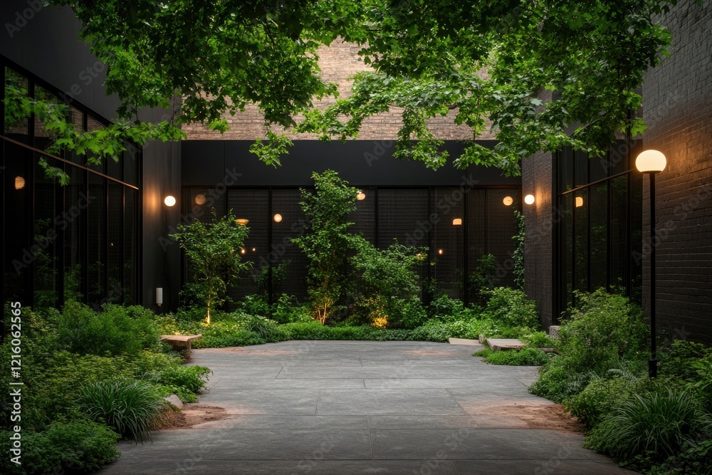 Fototapeta premium hidden courtyard in heart of city filled with greenery and ambient lighting offering moment of tranquility amidst urban