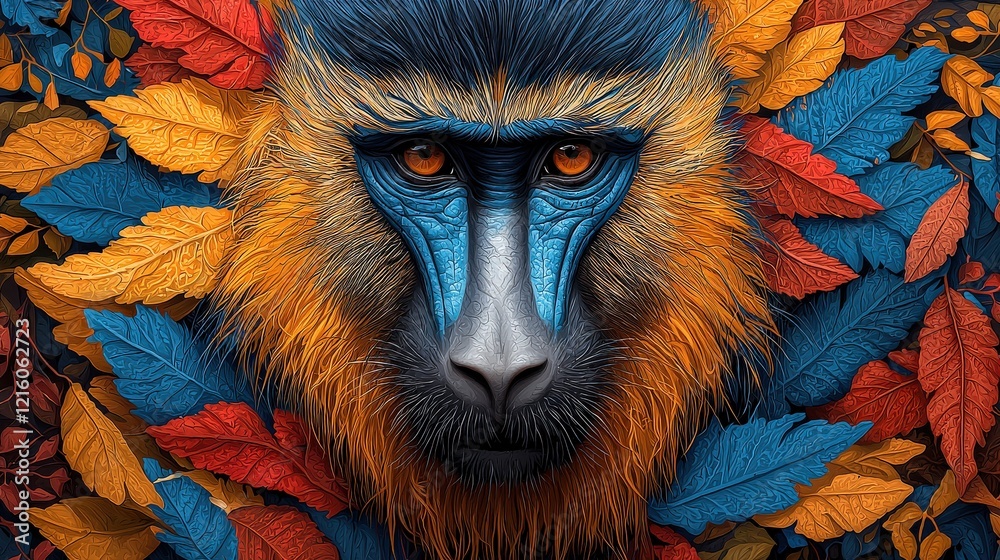 Fototapeta premium A detailed portrait of a mandrill with piercing eyes and textured fur, framed by abstract, colorful foliage patterns.