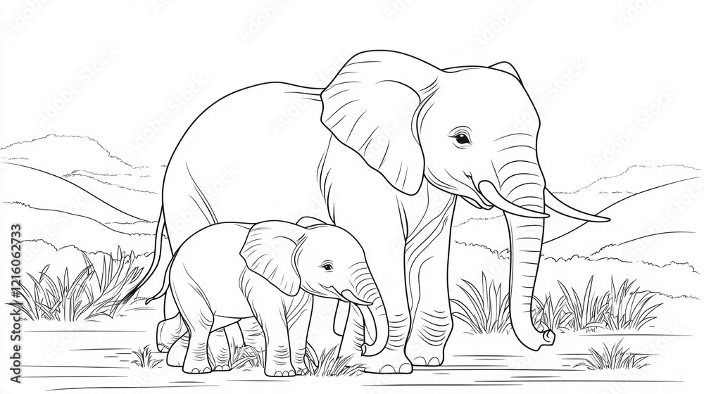 Naklejka premium coloring book Animal and Wildlife A playful family of elephants, including a mother, father, and baby, with intricate details on their skin and tusks.