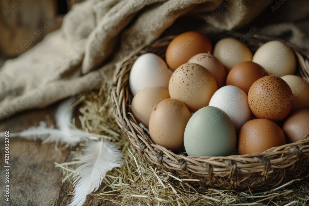 Rustic farm fresh eggs in a handwoven basket on a wooden table surrounded by natural elements capturing the essence of freshness and simplicity