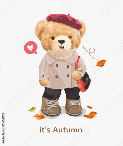 autumn slogan with cute bear doll in overcoat fashion vector illustration