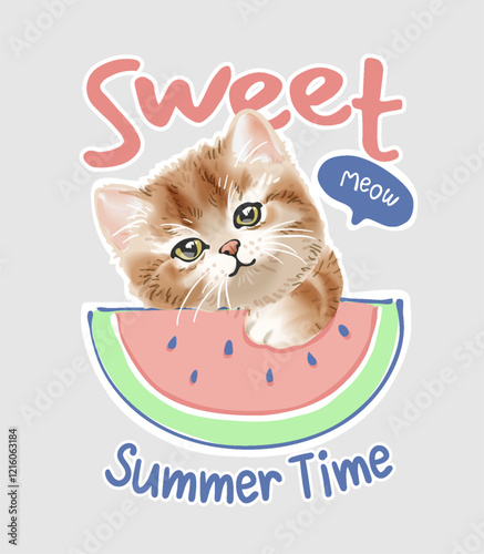 sweet summer time slogan with cute kitten an watermelon slice vector illustration