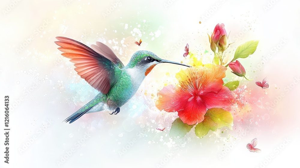 Obraz premium An artistic rendition of a hummingbird feeding on a flower, with detailed textures and vibrant hues highlighting its delicate form.
