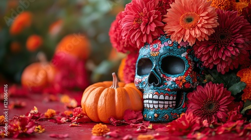 A brightly decorated sugar skull with vibrant flowers and pumpkins on a red background authentically symbolizes the Mexican Day of the Dead celebration photo