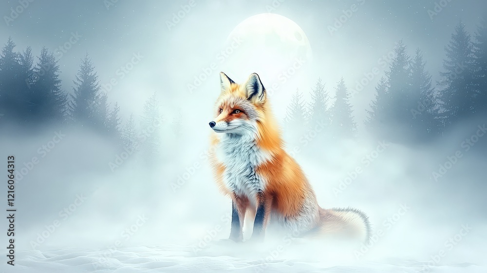 Obraz premium Mystical fox portrait under moonlight, its fur shimmering in cool tones, with a misty forest scene in the background.