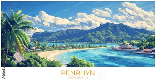 Penrhyn Cook islands Travel Poster Flat Illustration Print Decor Gift Canvas Wall Art photo