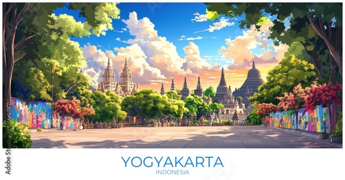 Yogyakarta Indonesia Travel Poster Flat Illustration Print Decor Gift Canvas Wall Art