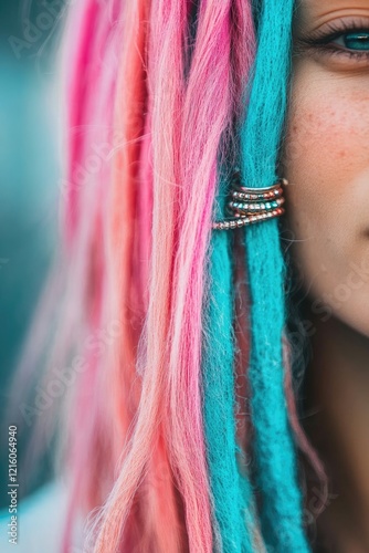 macro shot of neon-dyed dreadlock intertwined with beads and rings representing diverse youth identities and alternative photo