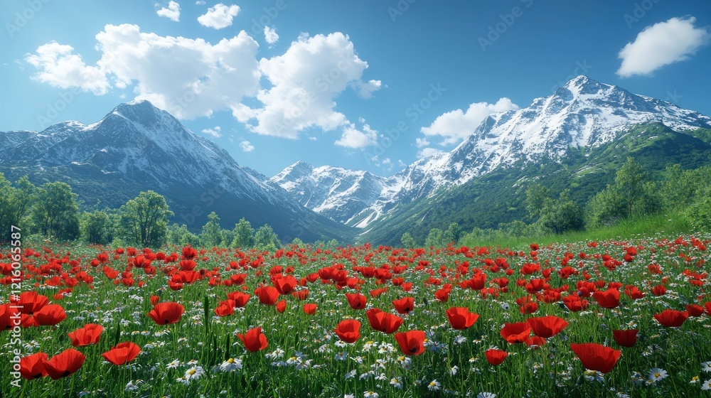 Alpine meadow poppy field, sunny day, snow-capped mountains Alpine meadow poppy field, sunny day, snow-capped mountains