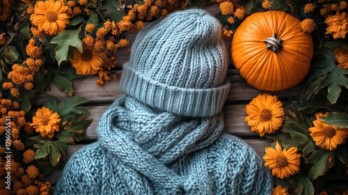 A cozy flat lay showcasing autumn aesthetics with a cozy sweater, a hat, and decorative pumpkins; embrace the fall season with warm tones and natural elements photo