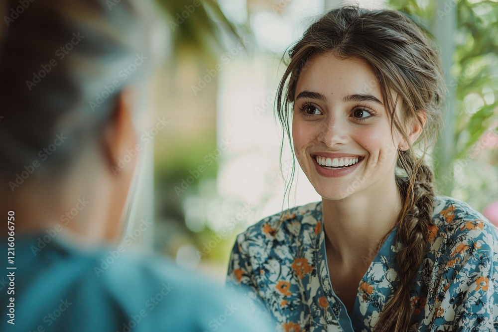 Smiling nurse interacts with patient in a bright, cheerful setting during a sunny afternoon in a healthcare facility Smiling nurse interacts with patient in a bright, cheerful setting during a sunny afternoon in a healthcare facility