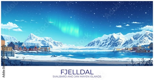 Fjelldal Svalbard and jan mayen islands Travel Poster Flat Illustration Print Decor Gift Canvas Wall Art photo