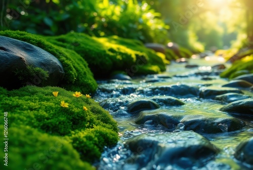 A close-up of calming nature sounds represented by soft flowing rivers, peaceful setting, perfect for relaxation