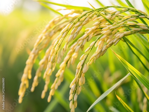 A rice plant with grains close-up. Featuring detailed textures and natural color. Emphasizing the growth and development of rice. Ideal for agricultural studies and educational content.