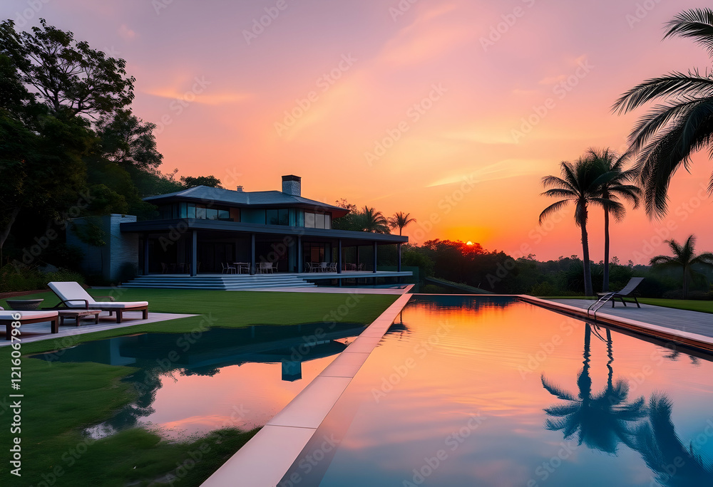 Fototapeta premium Luxurious modern villa, infinity pool, ocean cliff, tropical paradise, palm trees, crystal clear water, blue sky, white architecture, panoramic sea view, sunlit terrace, minimalist design, tranquil at